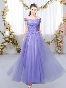 Fitting Lavender Quinceanera Court of Honor Dress Prom and Party and Wedding Party with Lace Off The Shoulder Sleeveless Lace Up