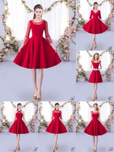 Simple Red Zipper Scoop Ruching Quinceanera Court Dresses Satin 3 4 Length Sleeve