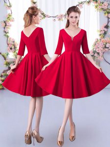 Hot Sale Red Half Sleeves Ruching Knee Length Dama Dress for Quinceanera