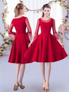 Colorful 3 4 Length Sleeve Satin Knee Length Zipper Dama Dress in Red with Ruching