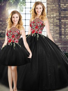 Black Ball Gowns Tulle Scoop Sleeveless Embroidery Floor Length Zipper Sweet 16 Dress