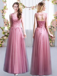Traditional Floor Length Lace Up Quinceanera Dama Dress Pink for Prom and Party and Wedding Party with Lace
