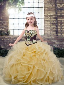 Champagne Sleeveless Floor Length Embroidery and Ruffles Lace Up Little Girl Pageant Dress