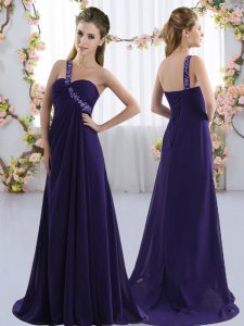 Sexy Beading Quinceanera Court of Honor Dress Purple Lace Up Sleeveless Brush Train
