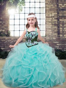 Sleeveless Tulle Floor Length Lace Up Little Girls Pageant Dress in Aqua Blue with Embroidery and Ruffles