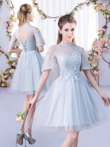Excellent High-neck Short Sleeves Dama Dress for Quinceanera Mini Length Lace Grey Tulle