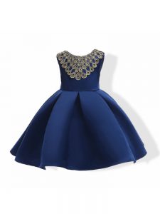 High End Navy Blue Sleeveless Appliques and Bowknot Mini Length Kids Formal Wear