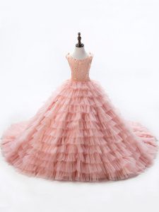 Pink Sleeveless Beading and Ruffled Layers Lace Up Little Girls Pageant Dress