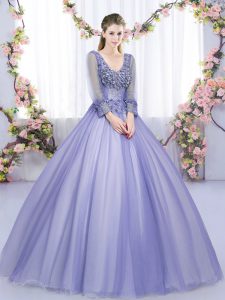 Pretty Lavender V-neck Lace Up Lace and Appliques Quinceanera Dresses Long Sleeves