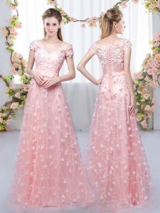 Pink Lace Up Off The Shoulder Appliques Dama Dress for Quinceanera Tulle Cap Sleeves