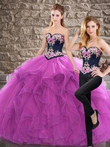 Trendy Sleeveless Sweep Train Lace Up Quince Ball Gowns in Purple with Embroidery and Ruffles