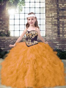 Gold Little Girl Pageant Gowns Party and Wedding Party with Embroidery and Ruffles Straps Sleeveless Lace Up