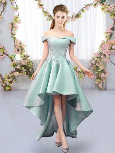 Suitable Off The Shoulder Sleeveless Lace Up Dama Dress for Quinceanera Apple Green Satin