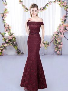 Comfortable Lace Quinceanera Court of Honor Dress Burgundy Lace Up Sleeveless Floor Length