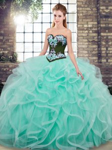Exceptional Aqua Blue Vestidos de Quinceanera Military Ball and Sweet 16 and Quinceanera with Embroidery and Ruffles Sweetheart Sleeveless Sweep Train Lace Up