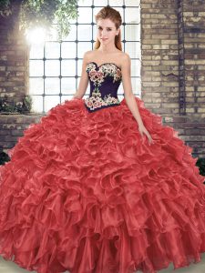 Sleeveless Organza Sweep Train Lace Up Vestidos de Quinceanera in Red with Embroidery and Ruffles