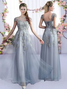 Custom Made Grey Tulle Lace Up Court Dresses for Sweet 16 Cap Sleeves Floor Length Lace