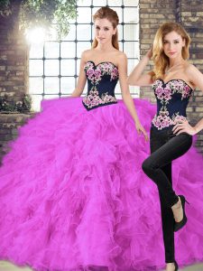 Fuchsia Sleeveless Floor Length Beading and Embroidery Lace Up 15th Birthday Dress