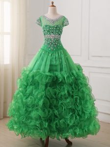 Cheap Ball Gowns Pageant Gowns For Girls Green V-neck Organza Cap Sleeves Floor Length Lace Up