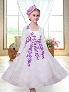 Trendy White A-line Lace Straps Sleeveless Embroidery Ankle Length Zipper Flower Girl Dresses