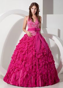 Pieces Ruffles and Halter Embroidery Quinceanera Dress in Hot Pink