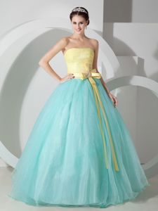 Light Blue and Yellow Sash Quinceanea Dress with Ruching Bodice