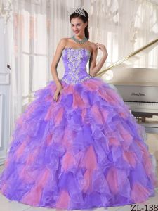 Purple and Pink Ball Gown Quinceanera Dress with White Appliques