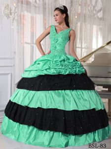 Green and Black Straps with V-neck Beading Quinceanera Dress