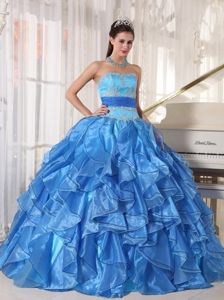 Blue Pieces Ruffles and Appliques Dresses For a Quince with Sash