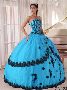 Aqua Blue Ball Gown 2013 Dresses For a Quince with Black Appliques