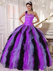 Multi-colored One Shoulder Beading and Ruffles Quinceanera Dress