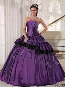 Purple Ball Gown and Black Ruffles Hemline Beaded Quinceanera Dress