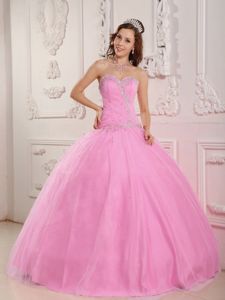 Perfect Tulle Rose Pink Fitted Sweet 15 Dresses with Rhinestones