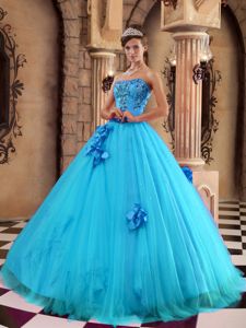 New Style Aqua Blue Strapless Sweet 16 Dresses with Flowers