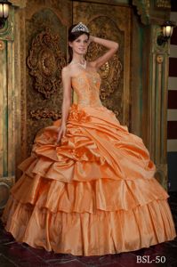 Impressive Handmade Flowers Ruffled Orange Quinceanera Gowns