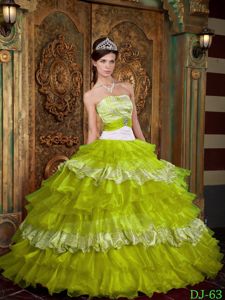 Cinderella Design Yellow Green and White Zebra Print Ruffled Sweet 16 Dress