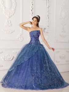 Pretty Organza Embroidery Beaded Blue Quinceanera Dresses
