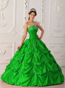New Arrival Pick-ups Appliqued Strapless Green Dress for Quince