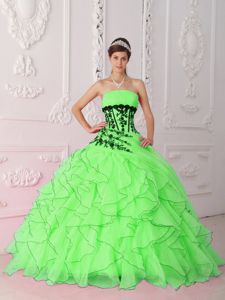 Spring Green Ruffled Dress for Sweet 15 with Black Appliques