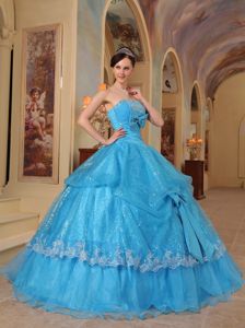 Custom Made Sequins Beaded Appliqued Aqua Blue Quince Dress
