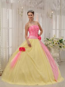 High-Class Pink and Yellow Strapless Sweet 16 Dress with Flowers