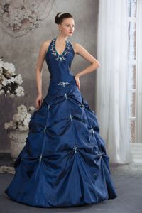 Impressive A-line Appliqued Halter Navy Blue Quinceanera Dresses