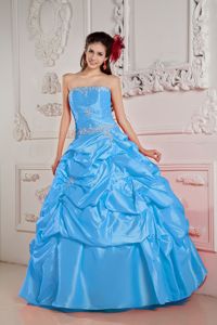 Baby Blue Strapless Beading Taffeta Pick-ups Accent Quince Dresses