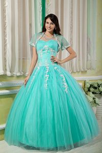 Turquoise Sweetheart Appliques Capelet Dress for Sweet 15
