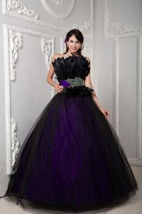 Black and Purple Feather Accent Strapless Quinceanera Dresses