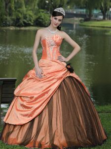 New Arrival Orange Taffeta Strapless Pick-ups Dress for Sweet 15