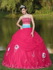 Coral Red Strapless Appliques Ruffles Hand Made Flower Quince Dresses