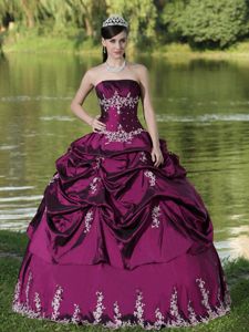 Fuchsia Embroidery Strapless Quinceanera Gown with Pick-ups