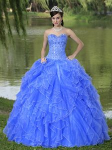 New Blue Sweetheart Beaded Ruffles Decorate Sweet 15 Dresses