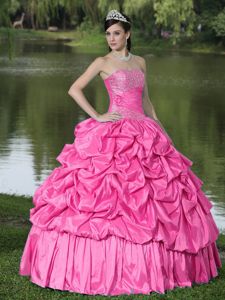 Hot Pink Strapless Pick-ups and Pleats Beading Quinceanera Dresses